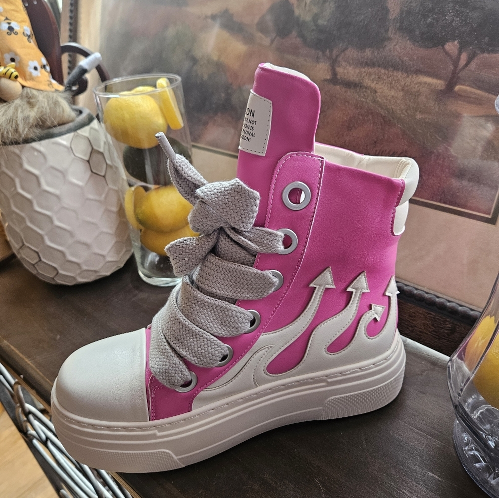 Women’s Pink High-Top Platform Sneakers with Flame Detail - Picture 6 of 7
